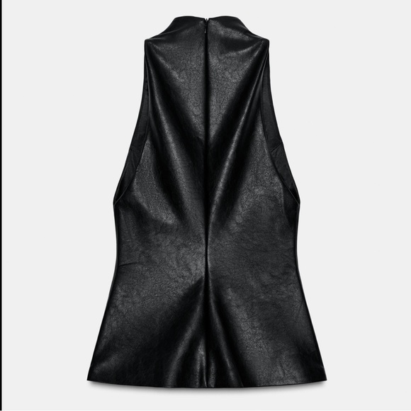 NWT Zara Black Sleeveless mock neck Faux Leather Zip back Top - size Large - Picture 2 of 12